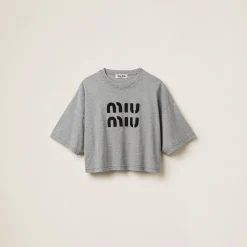 Grey Cotton T-shirt With Embroidered Logo | Miu Miu