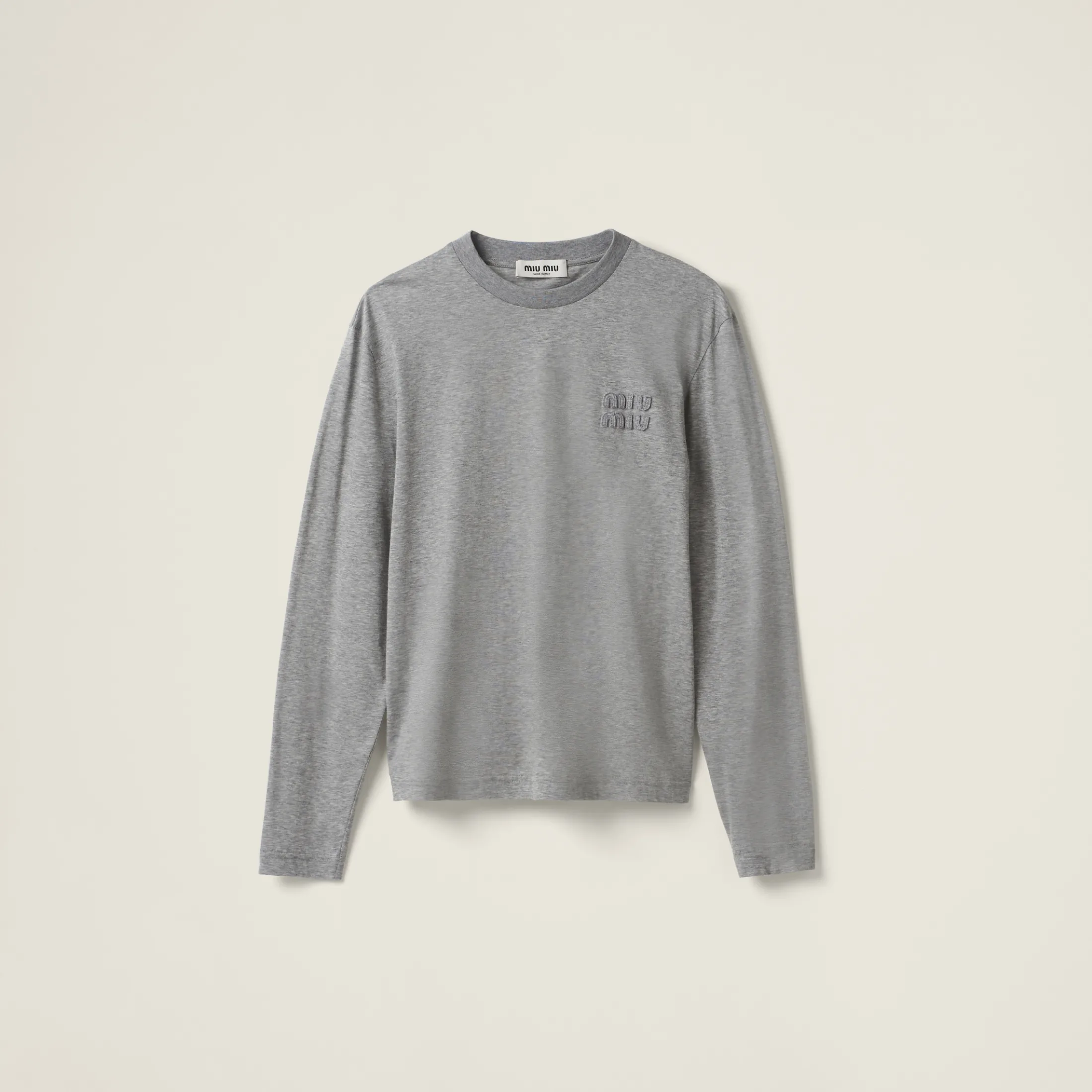 Grey Cotton T-shirt With Embroidered Logo | Miu Miu