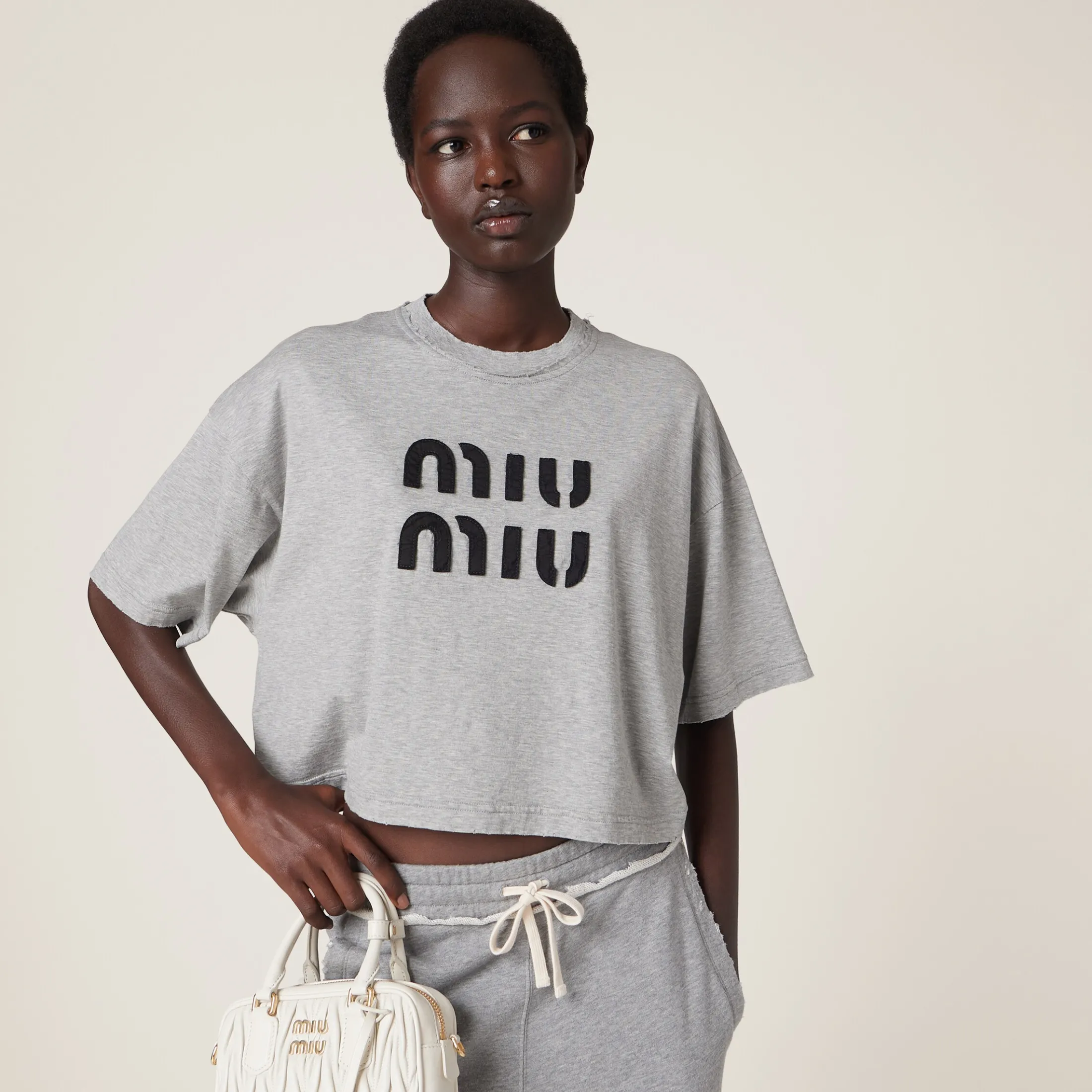 Grey Cotton T-shirt With Embroidered Logo | Miu Miu