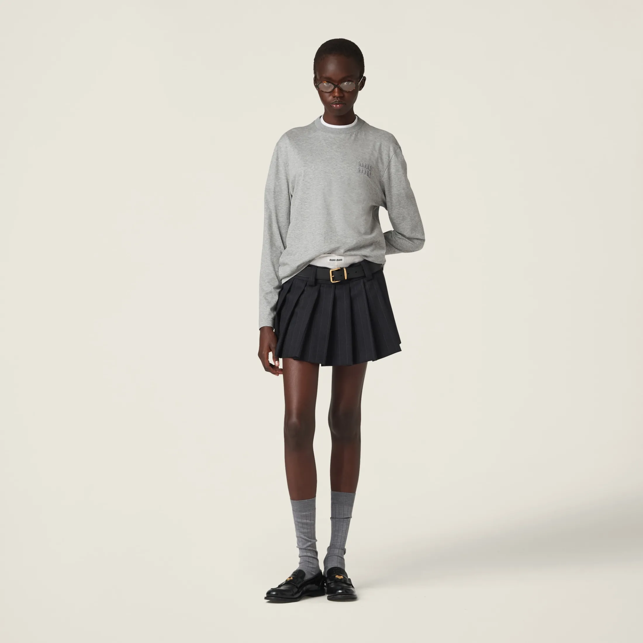 Grey Cotton T-shirt With Embroidered Logo | Miu Miu