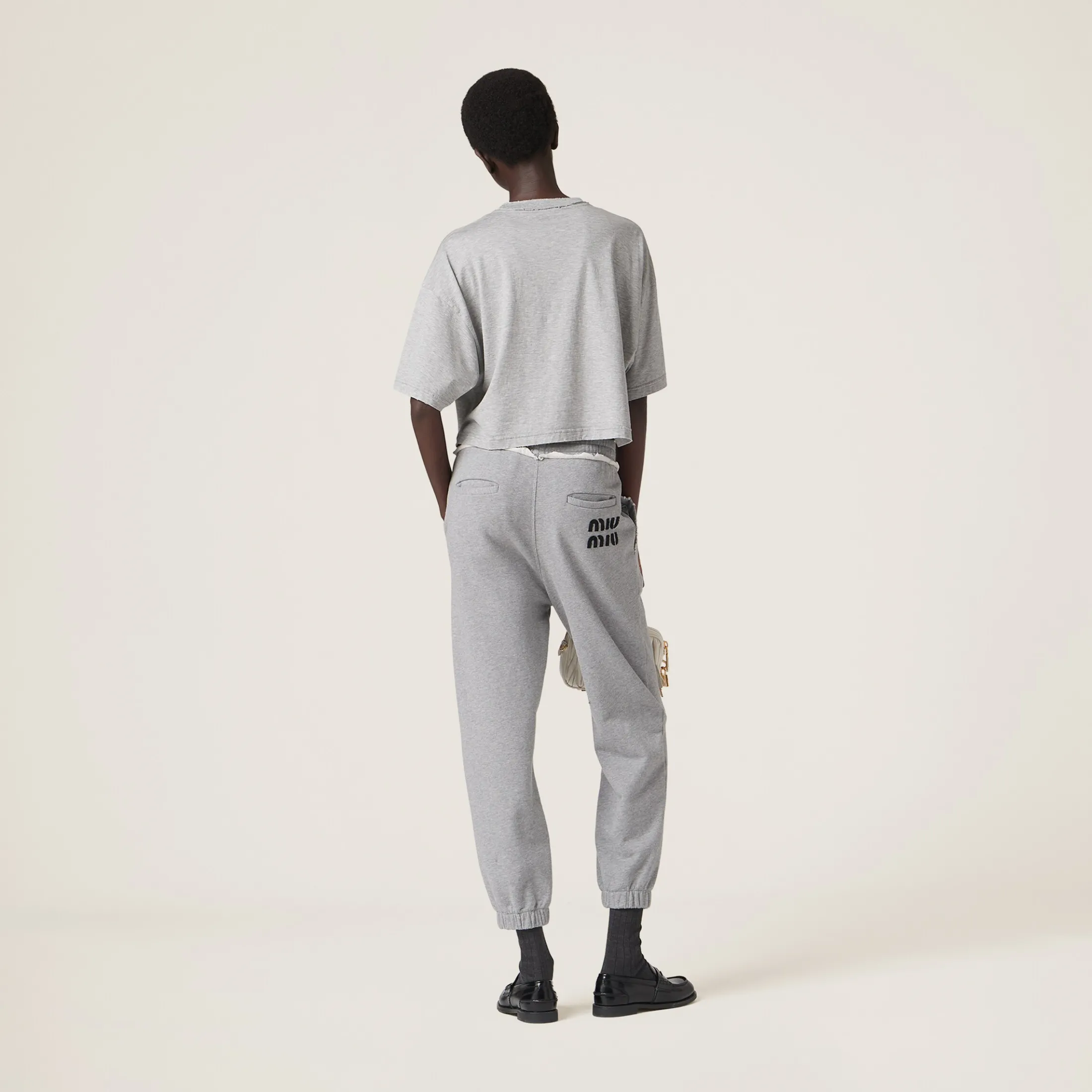 Grey Cotton T-shirt With Embroidered Logo | Miu Miu