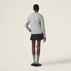 Grey Cotton T-shirt With Embroidered Logo | Miu Miu