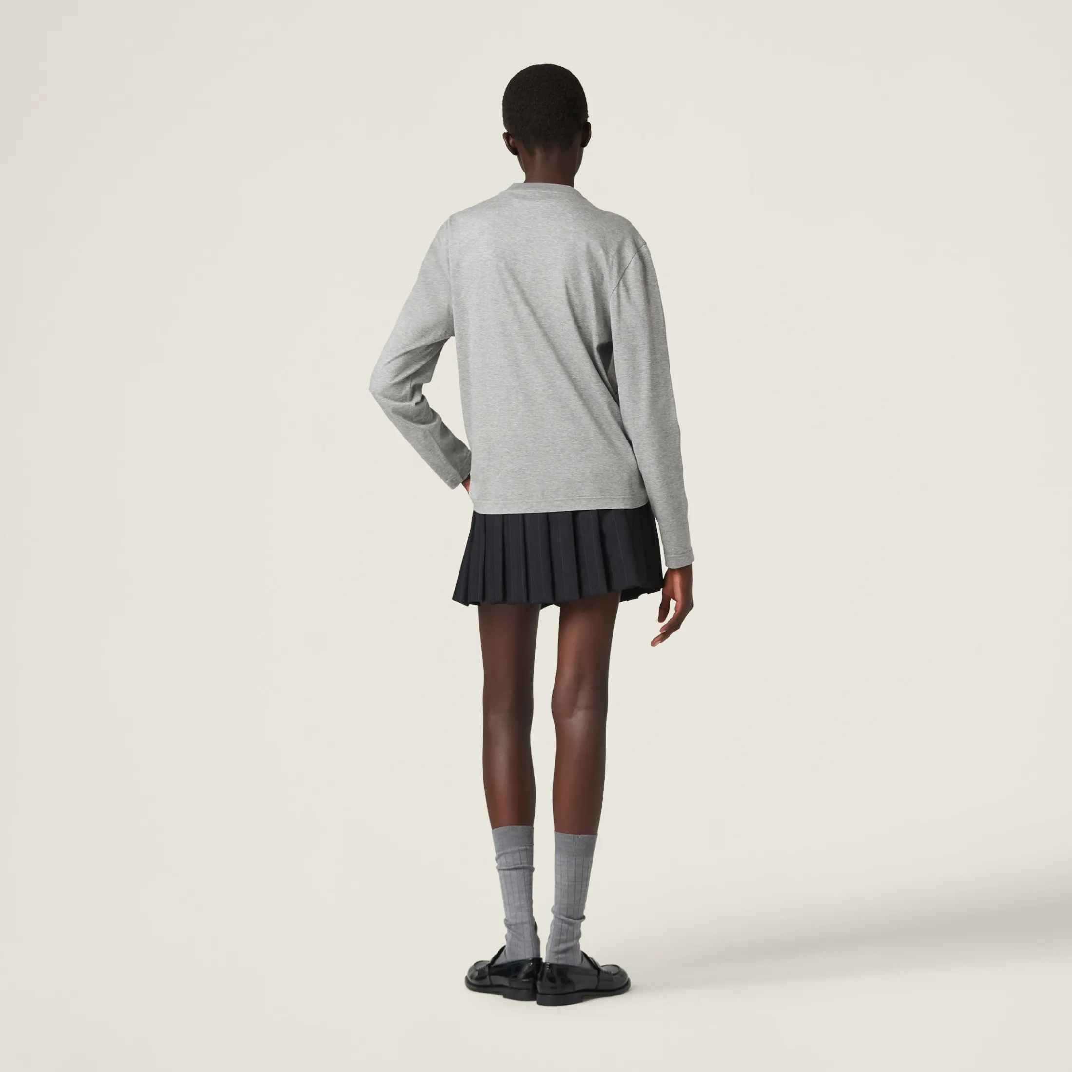 Grey Cotton T-shirt With Embroidered Logo | Miu Miu