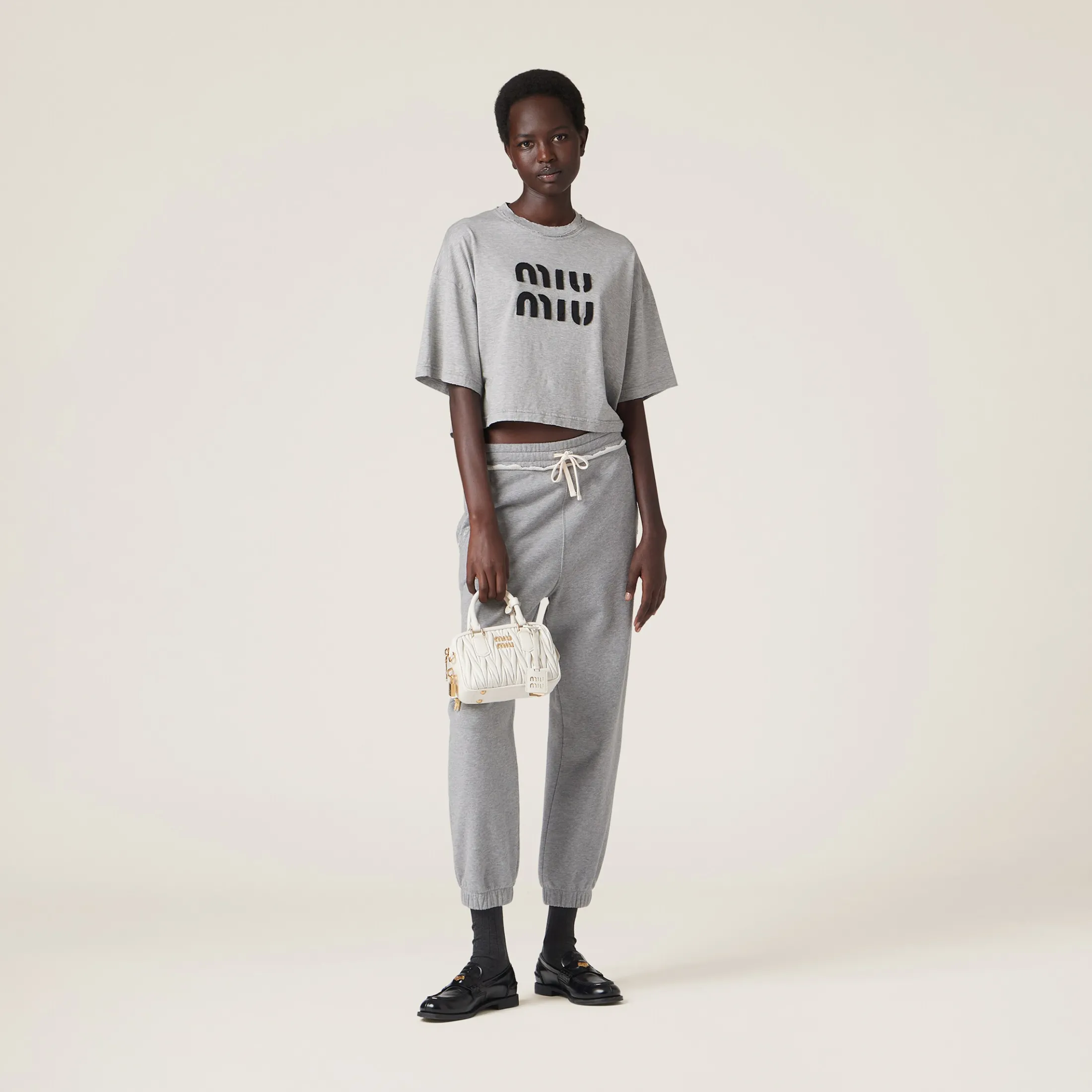 Grey Cotton T-shirt With Embroidered Logo | Miu Miu
