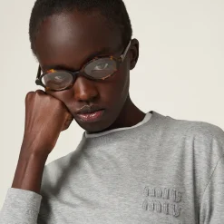 Grey Cotton T-shirt With Embroidered Logo | Miu Miu