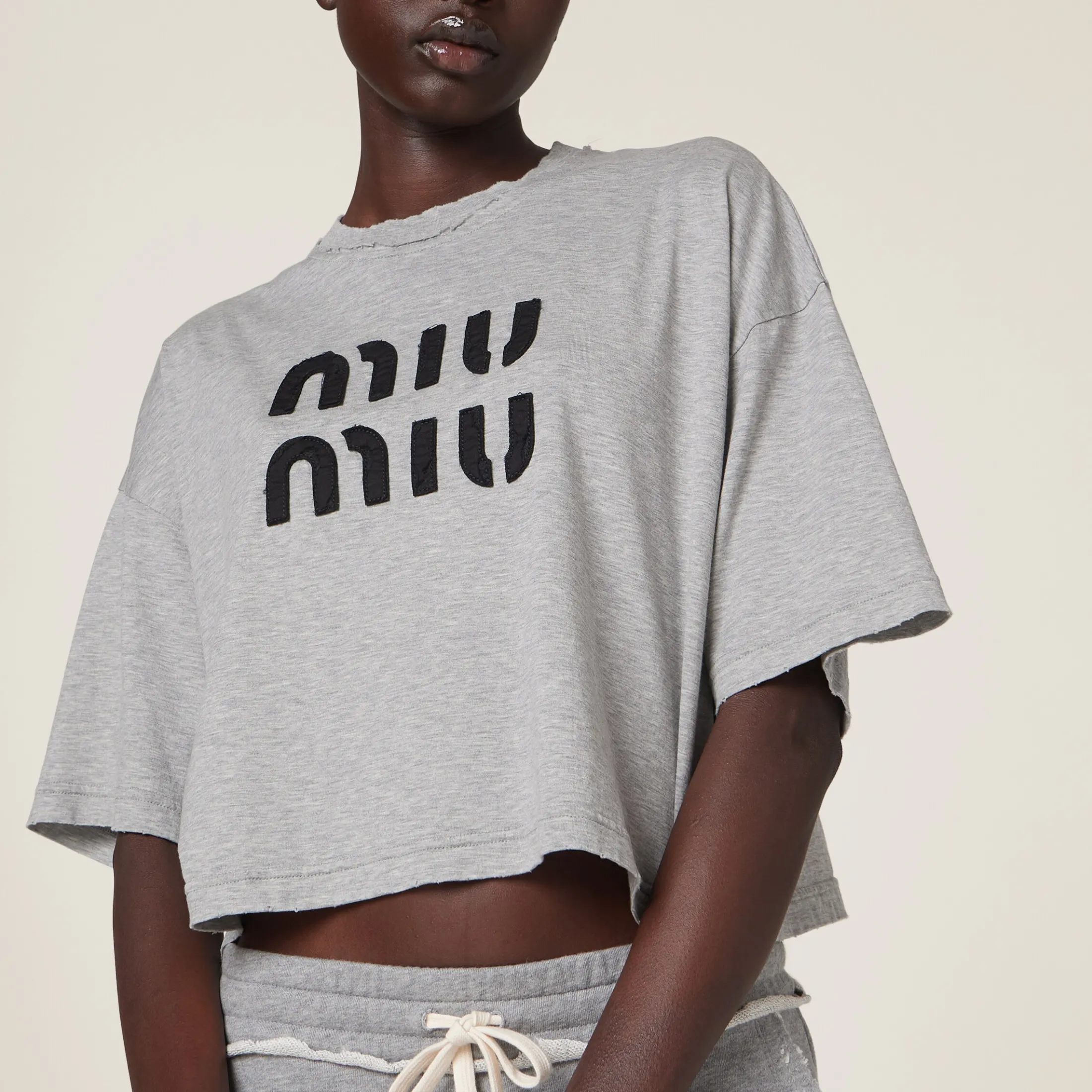 Grey Cotton T-shirt With Embroidered Logo | Miu Miu