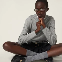 Grey Cotton T-shirt With Embroidered Logo | Miu Miu