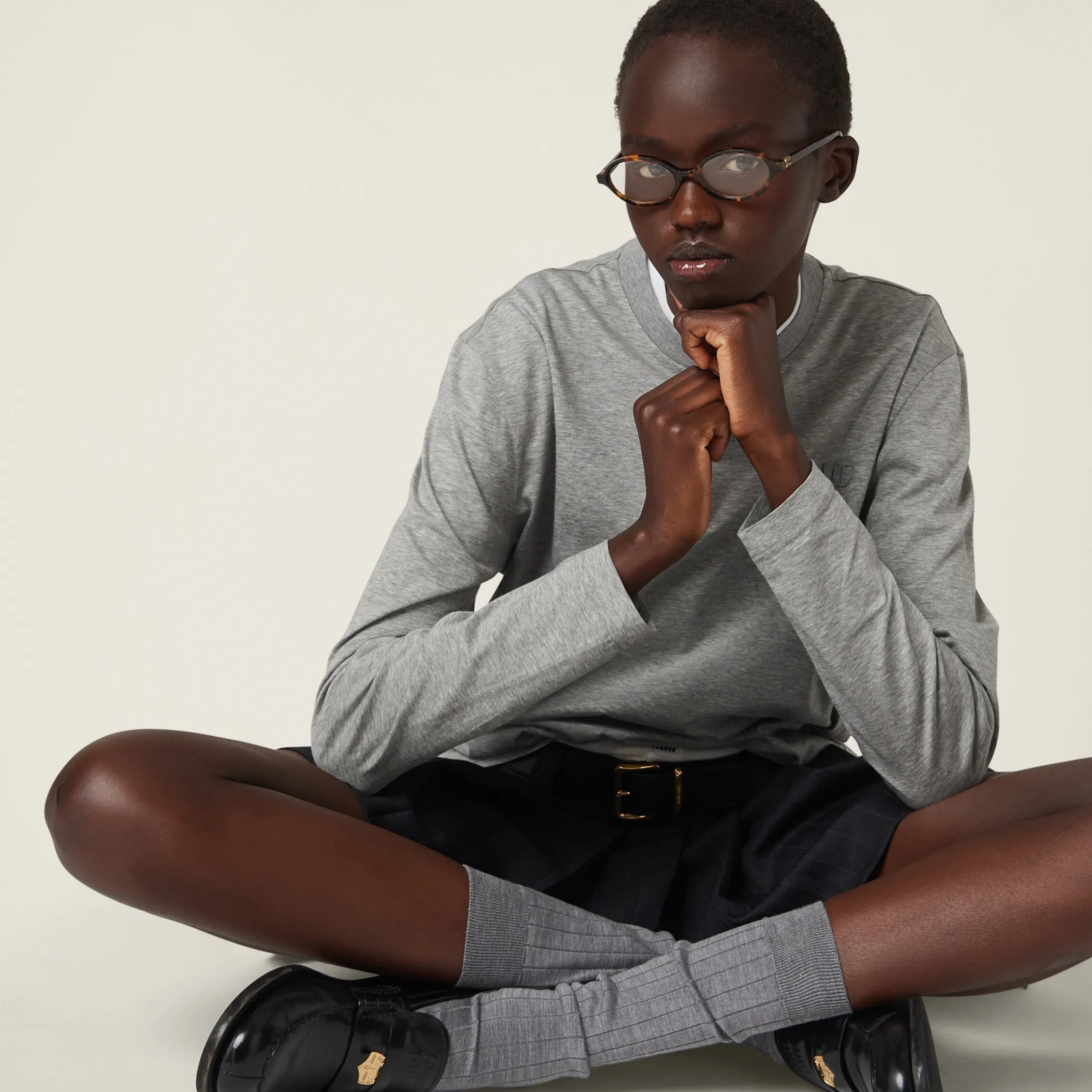 Grey Cotton T-shirt With Embroidered Logo | Miu Miu