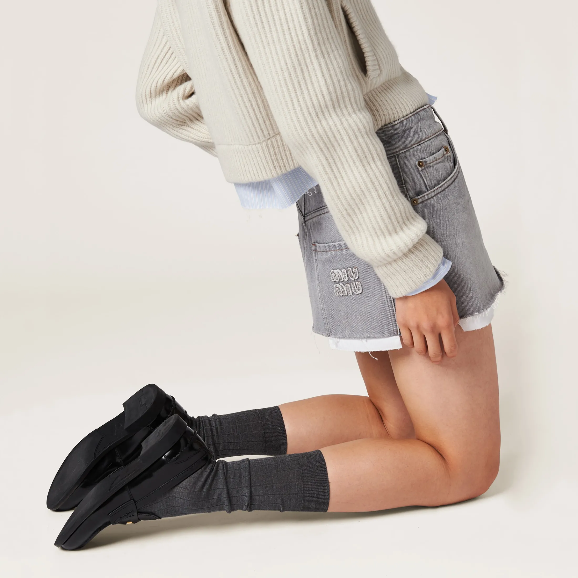 Grey Denim Miniskirt | Miu Miu