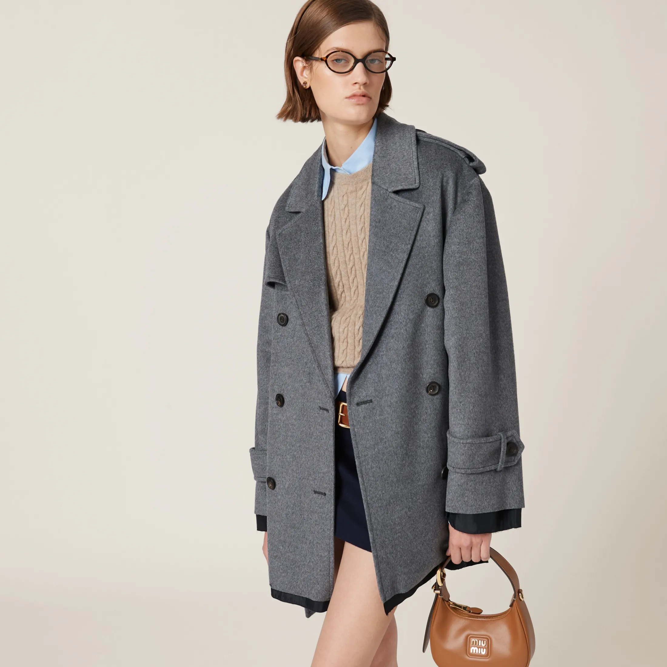 Grey Double-breasted Velour Coat | Miu Miu