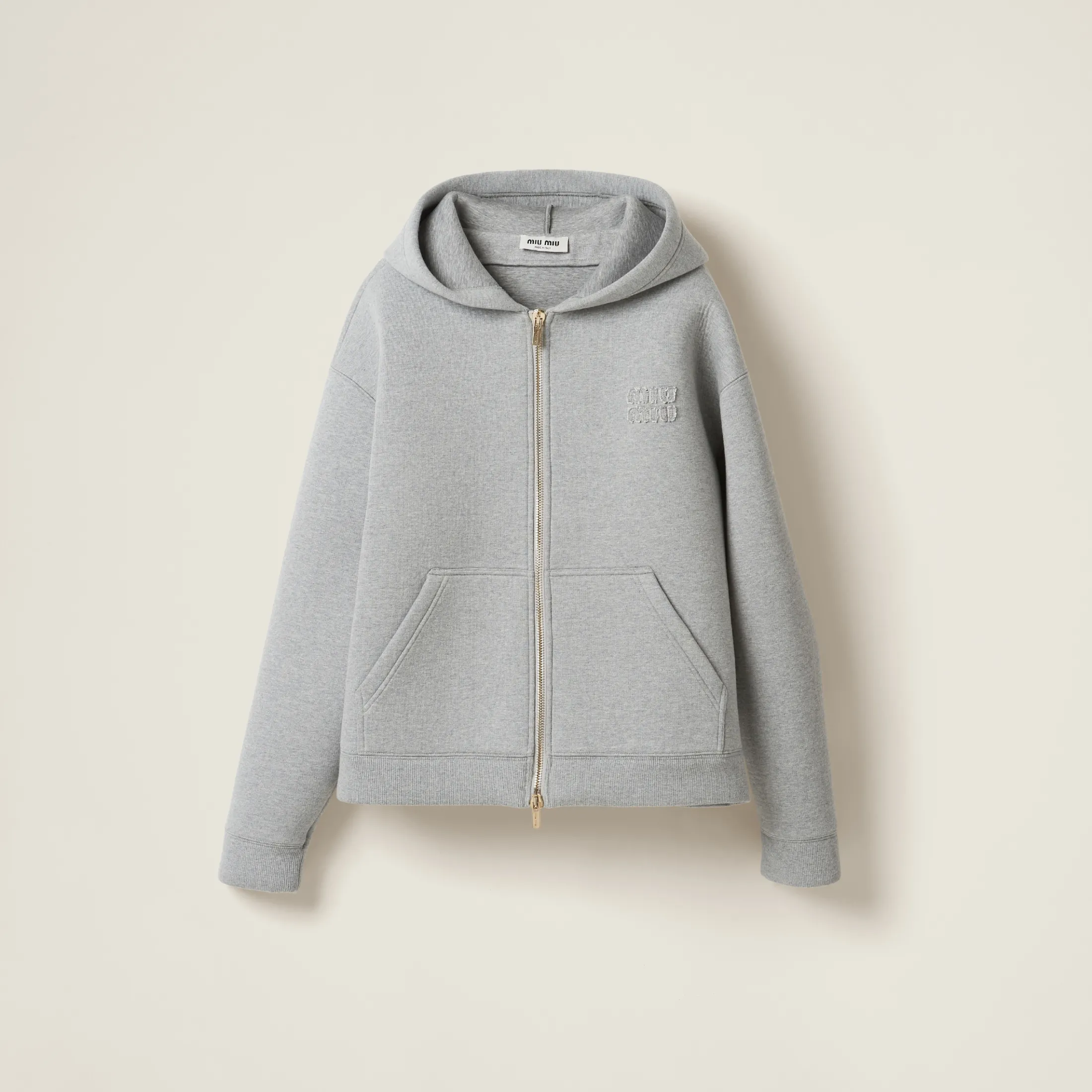 Grey Embroidered Cotton Hoodie | Miu Miu