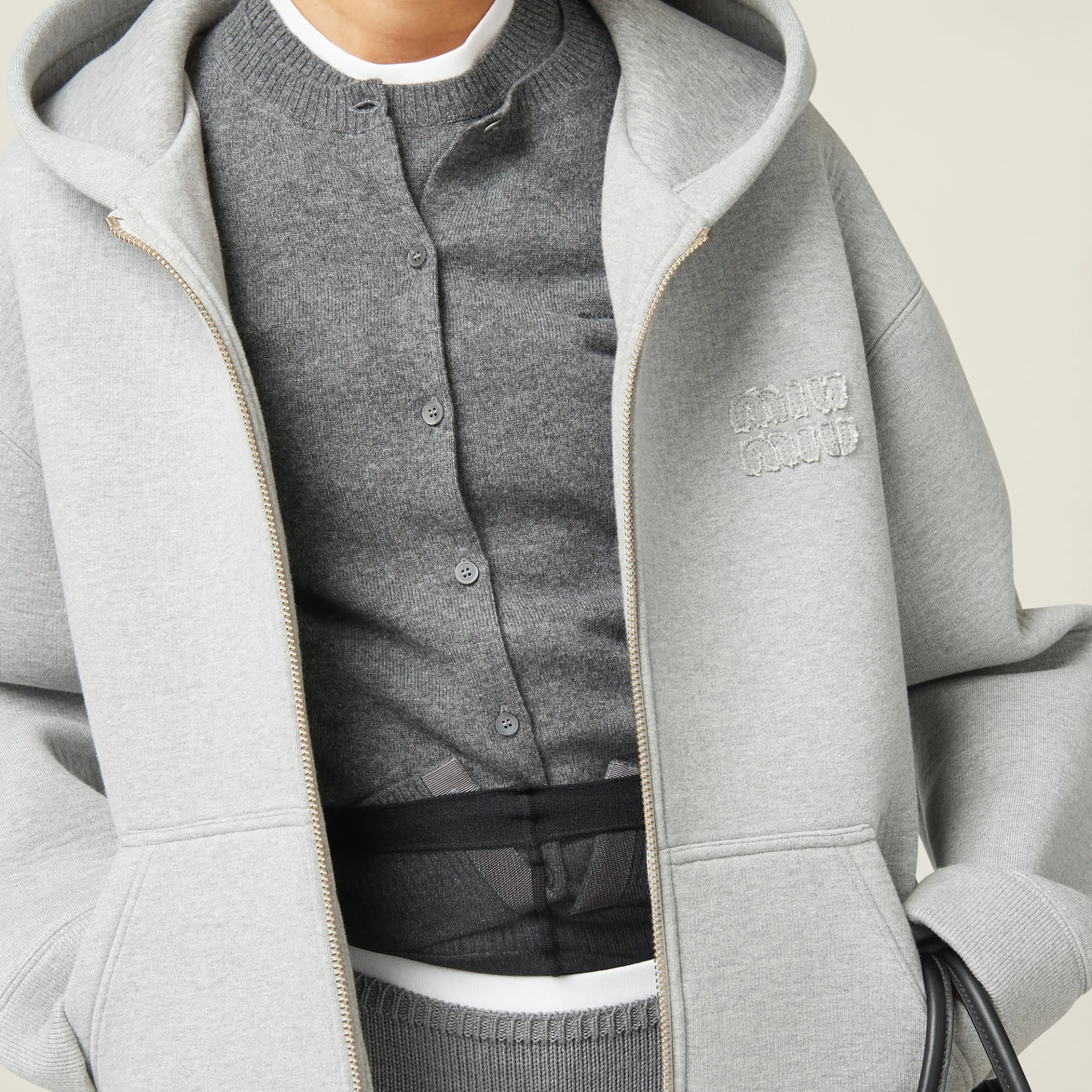 Grey Embroidered Cotton Hoodie | Miu Miu