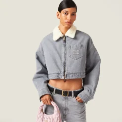 Grey Embroidered Denim Blouson Jacket | Miu Miu