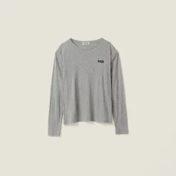 Grey Long-sleeved Ribbed Jersey T-shirt | Miu Miu
