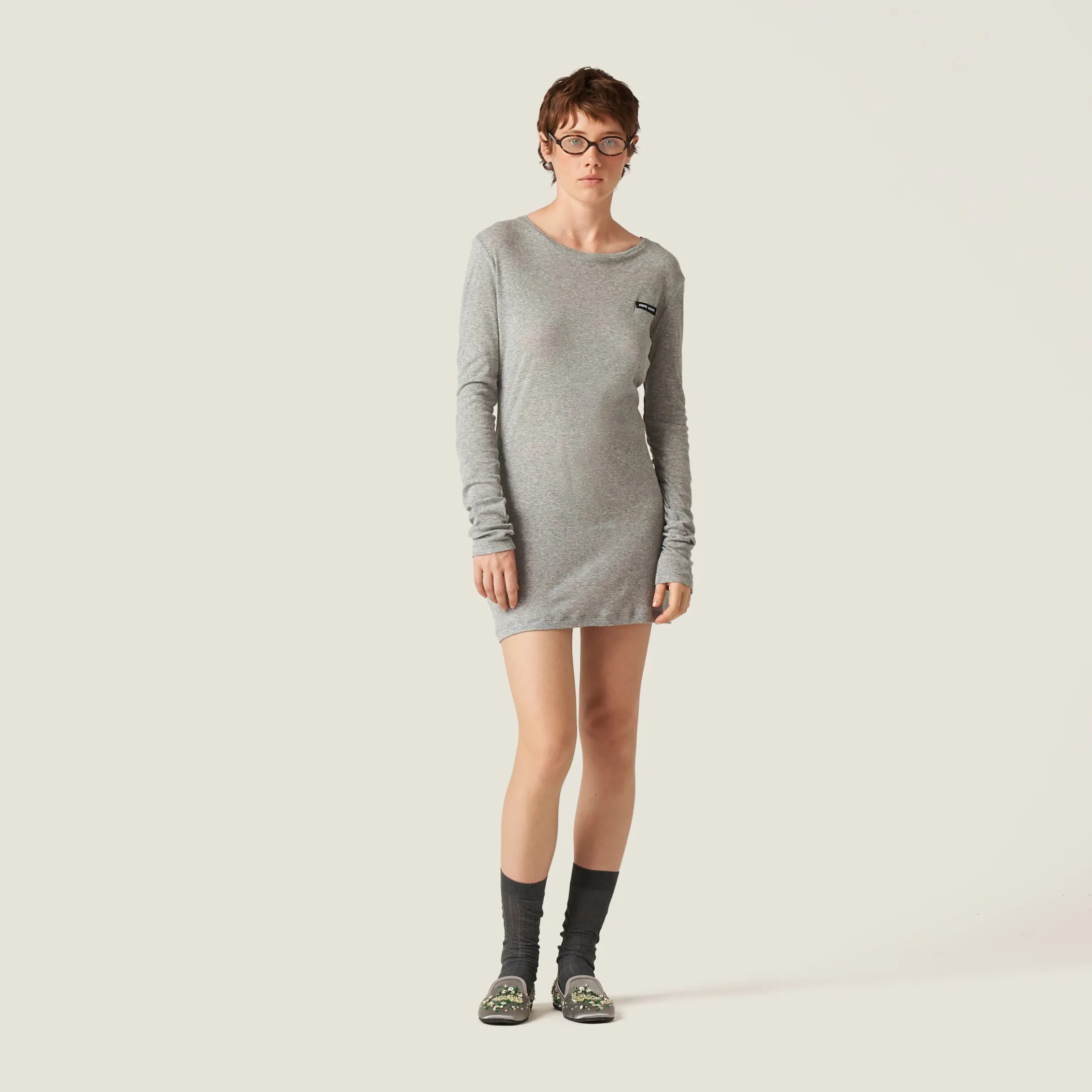 Grey Ribbed Knit Jersey Dress | Miu Miu