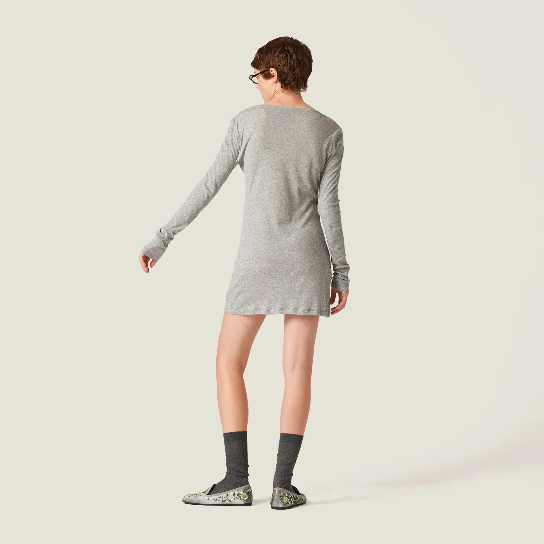 Grey Ribbed Knit Jersey Dress | Miu Miu