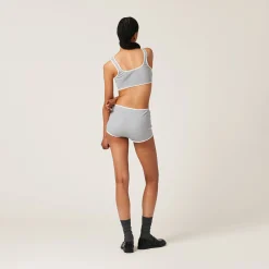 Grey Ribbed Knit Panties With Logo | Miu Miu