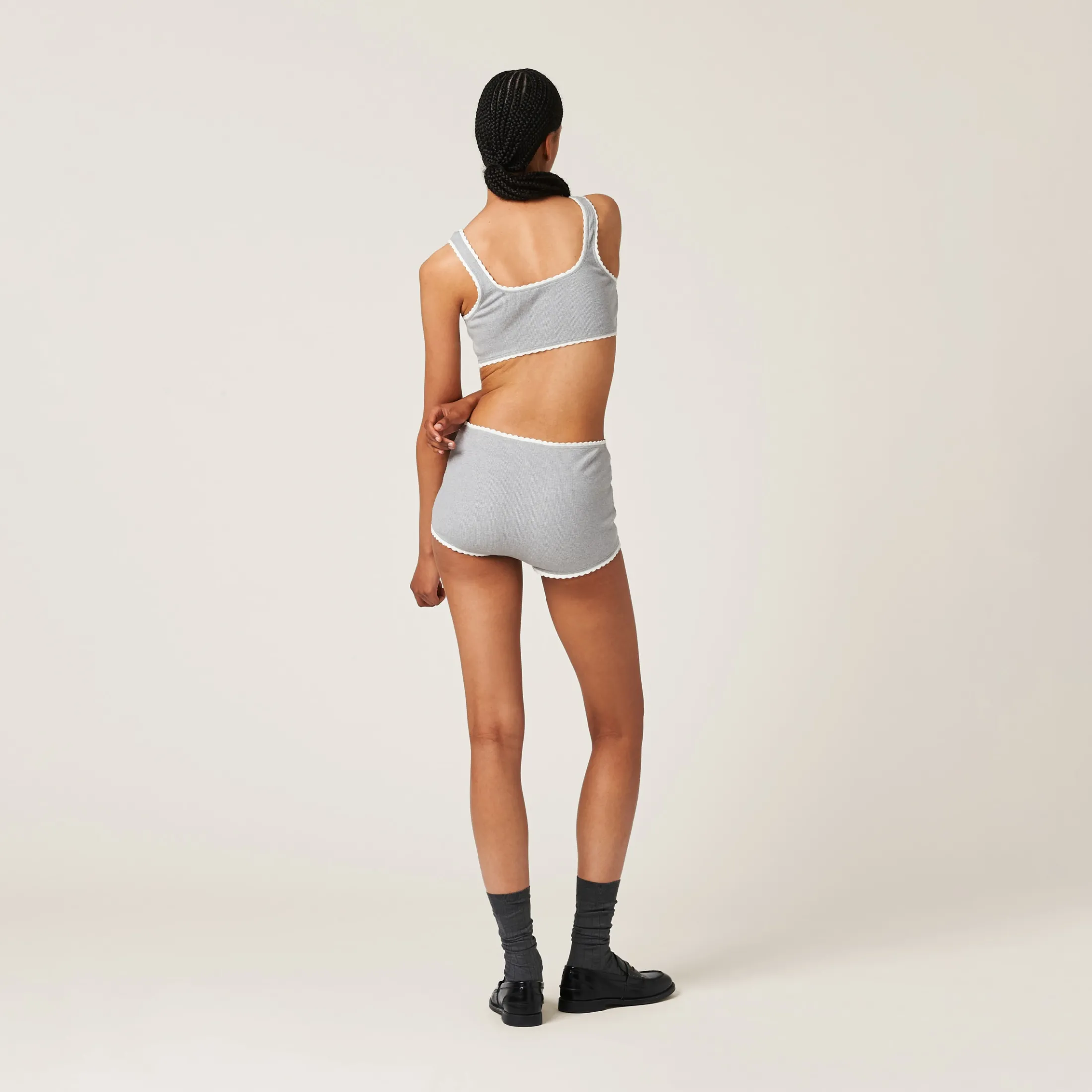 Grey Ribbed Knit Panties With Logo | Miu Miu