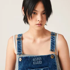 Indigo Blue Long Washed Velvet Overalls | Miu Miu