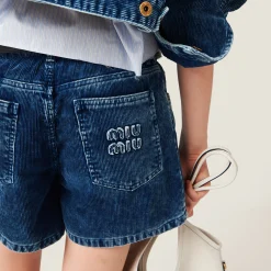 Indigo Blue Washed Corduroy Bermudas | Miu Miu