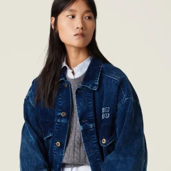 Indigo Blue Washed Velvet Blouson Jacket | Miu Miu