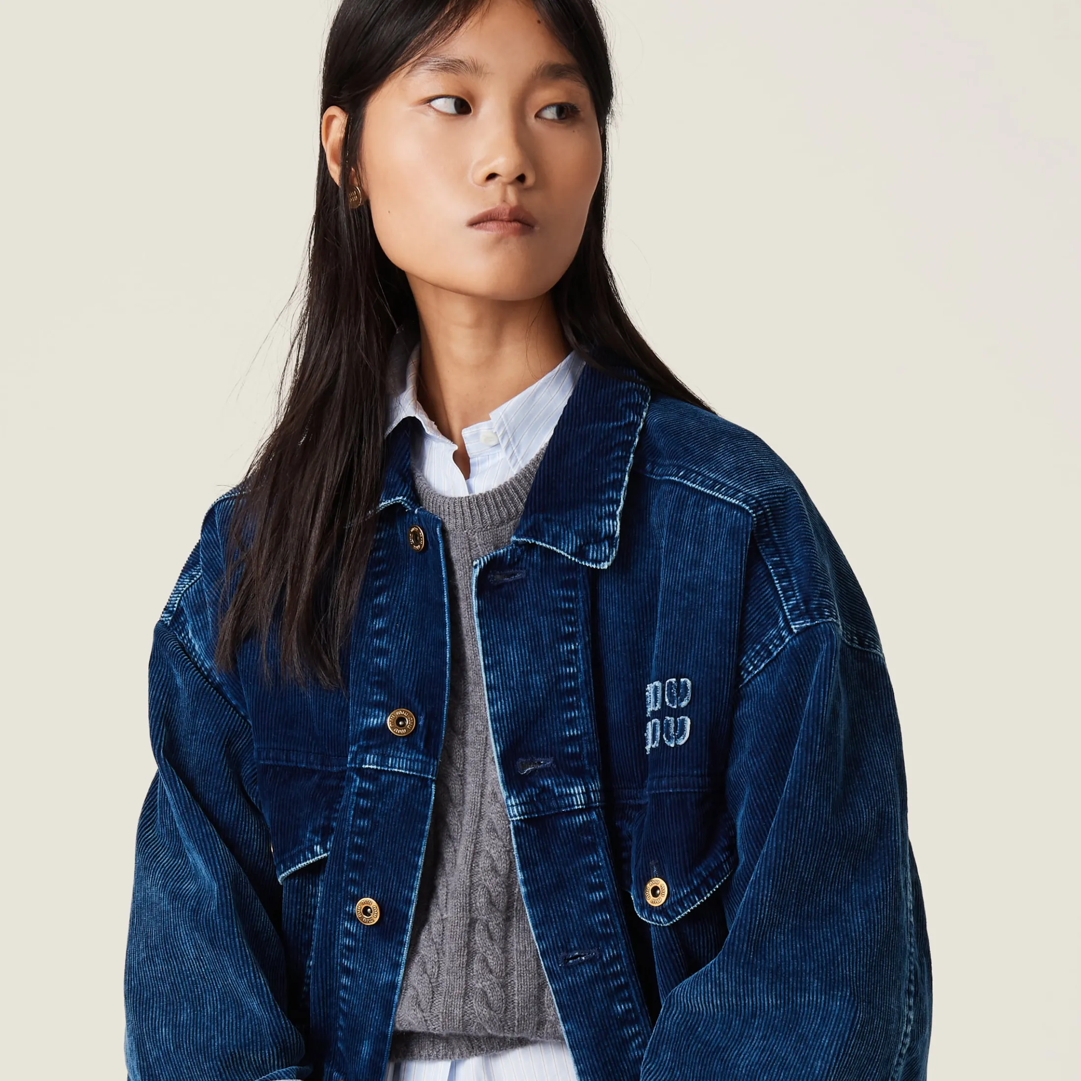 Indigo Blue Washed Velvet Blouson Jacket | Miu Miu
