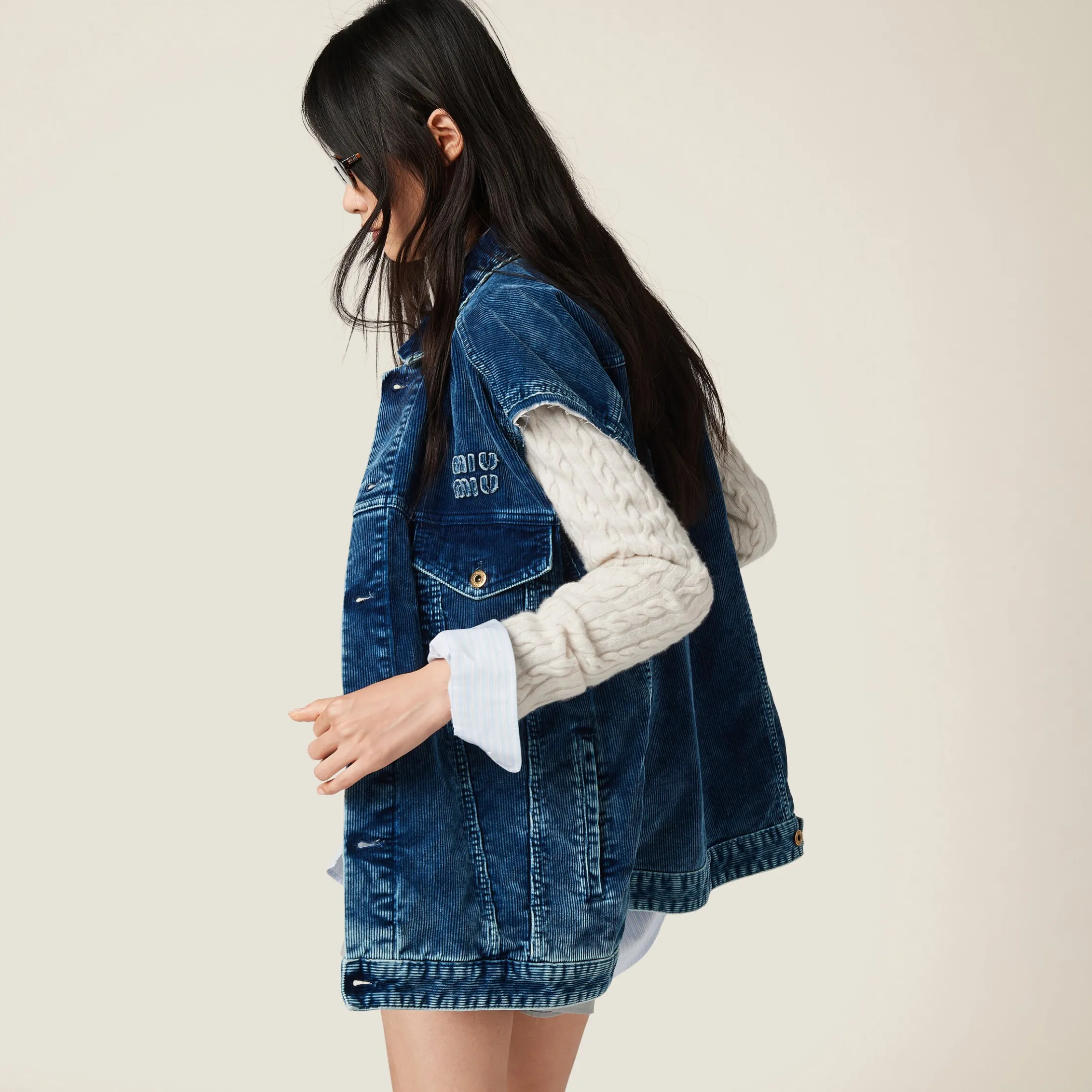 Indigo Blue Washed Velvet Vest | Miu Miu
