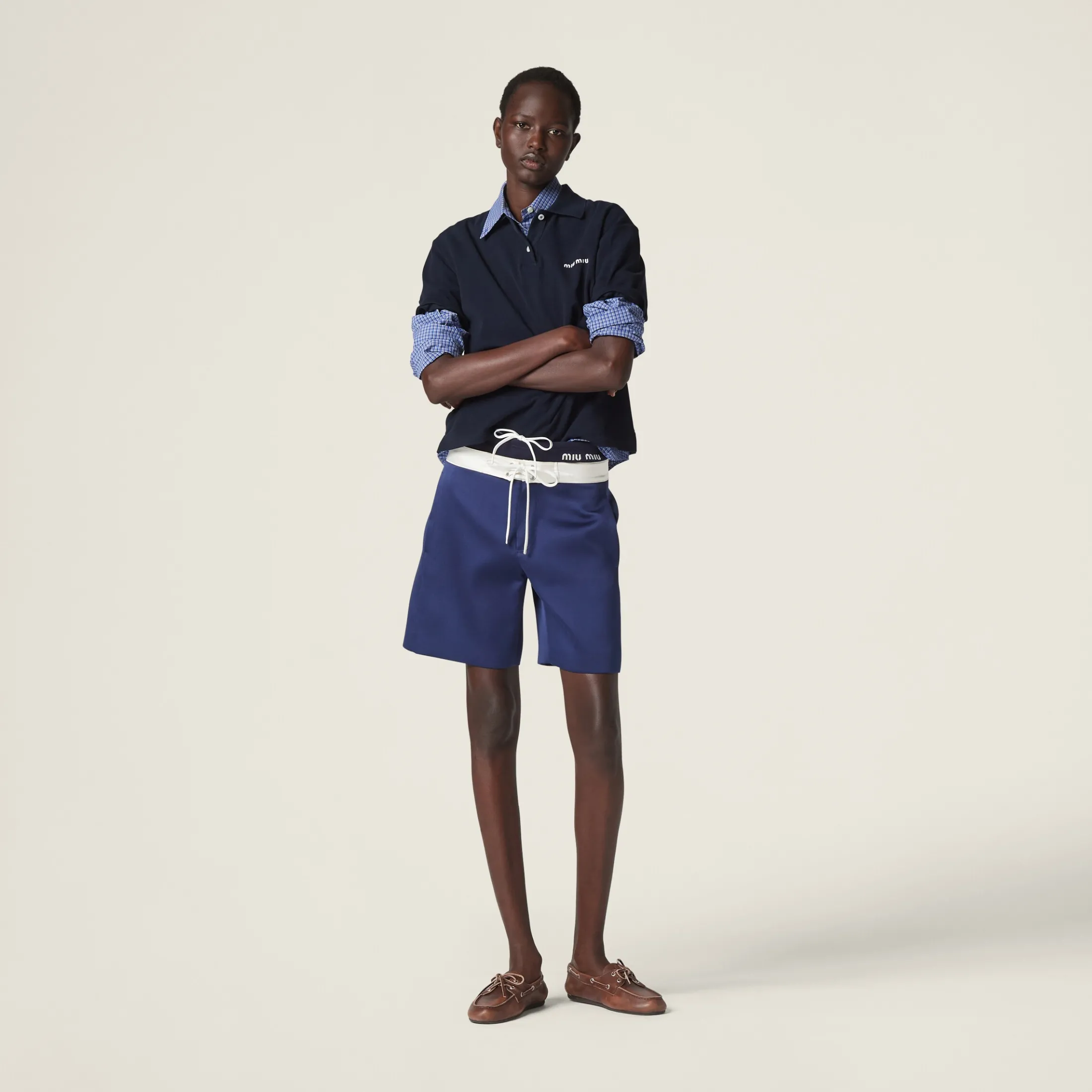 Ink Blue/white Satin Bermudas | Miu Miu