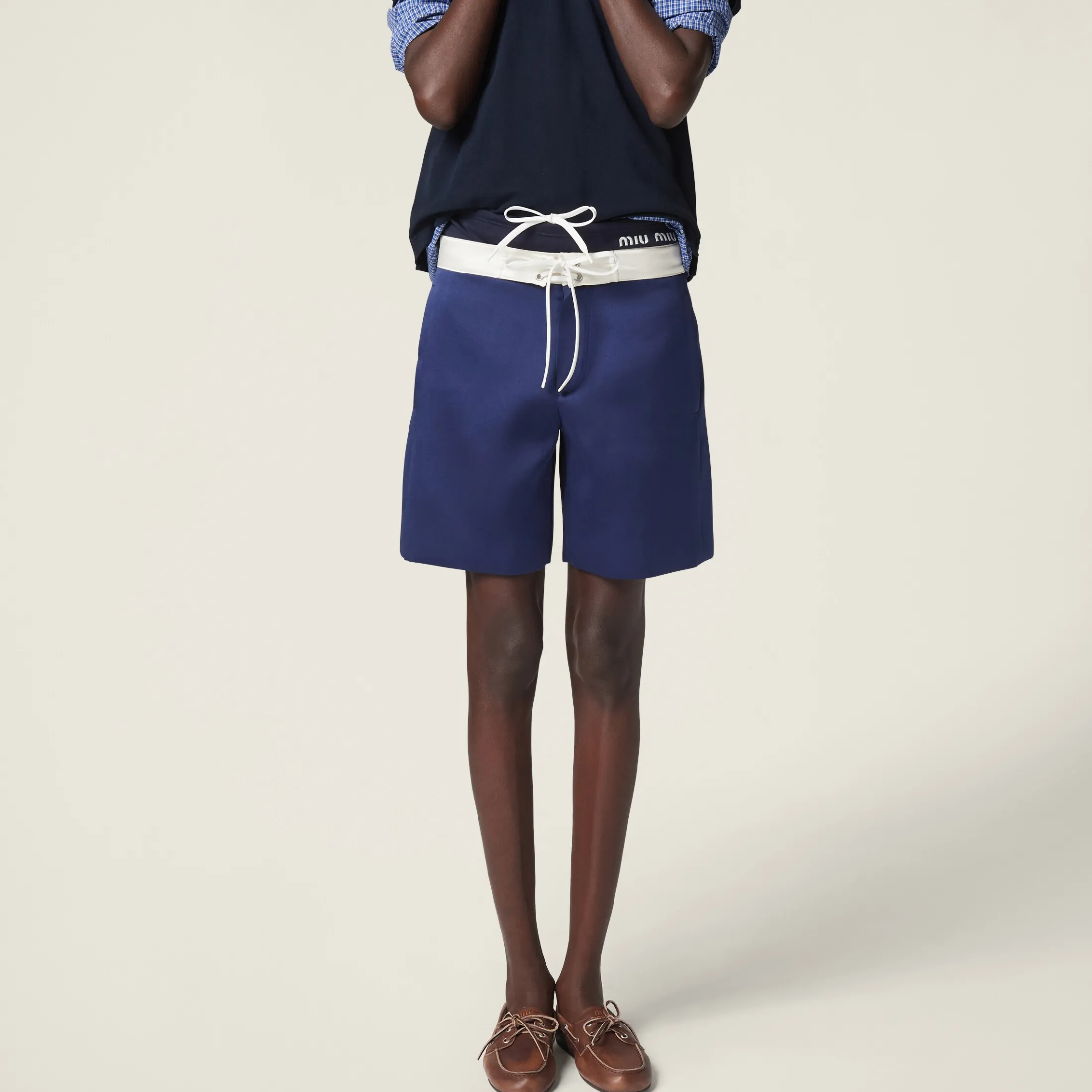 Ink Blue/white Satin Bermudas | Miu Miu