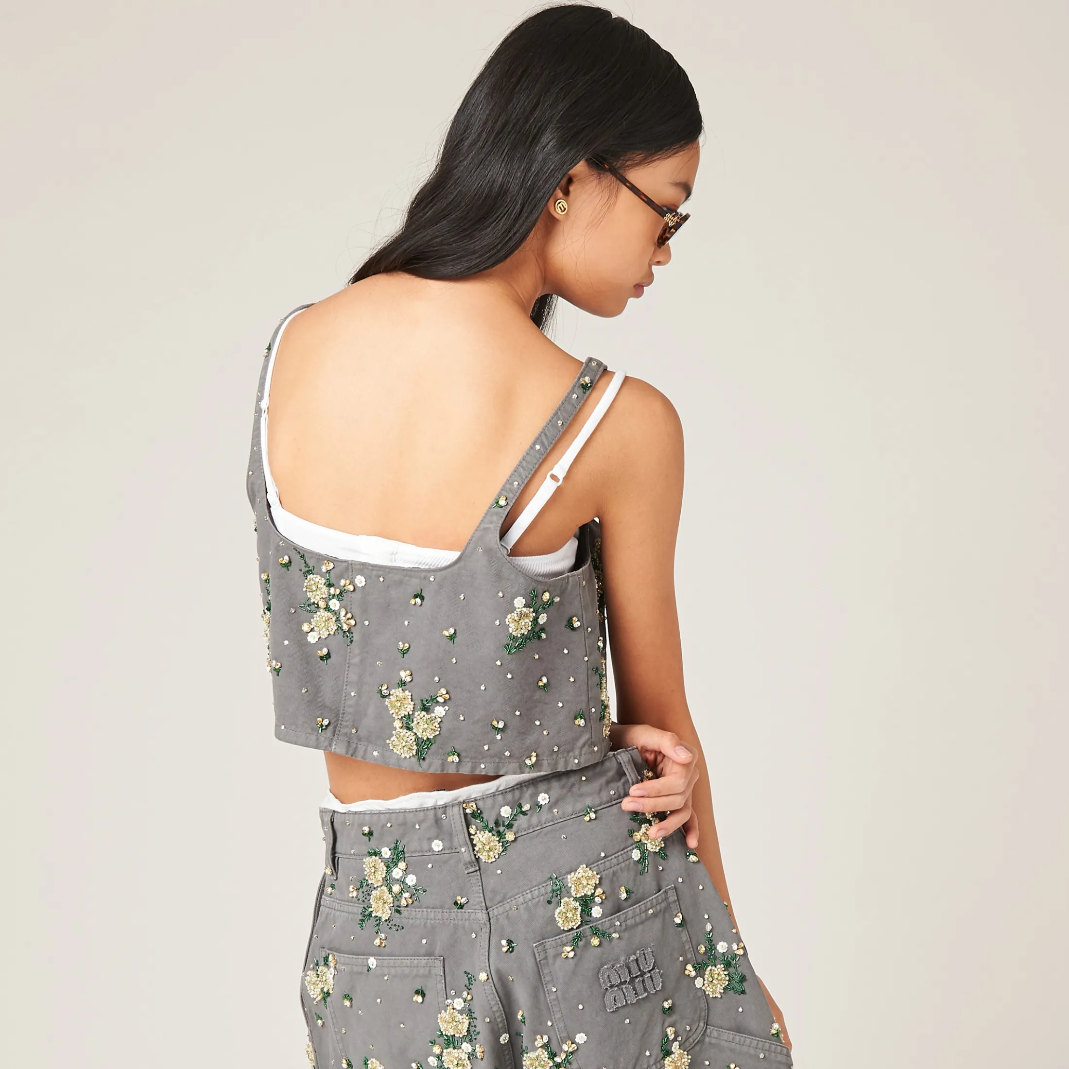 Iron Gray Embroidered Garment-dyed Gabardine Top | Miu Miu