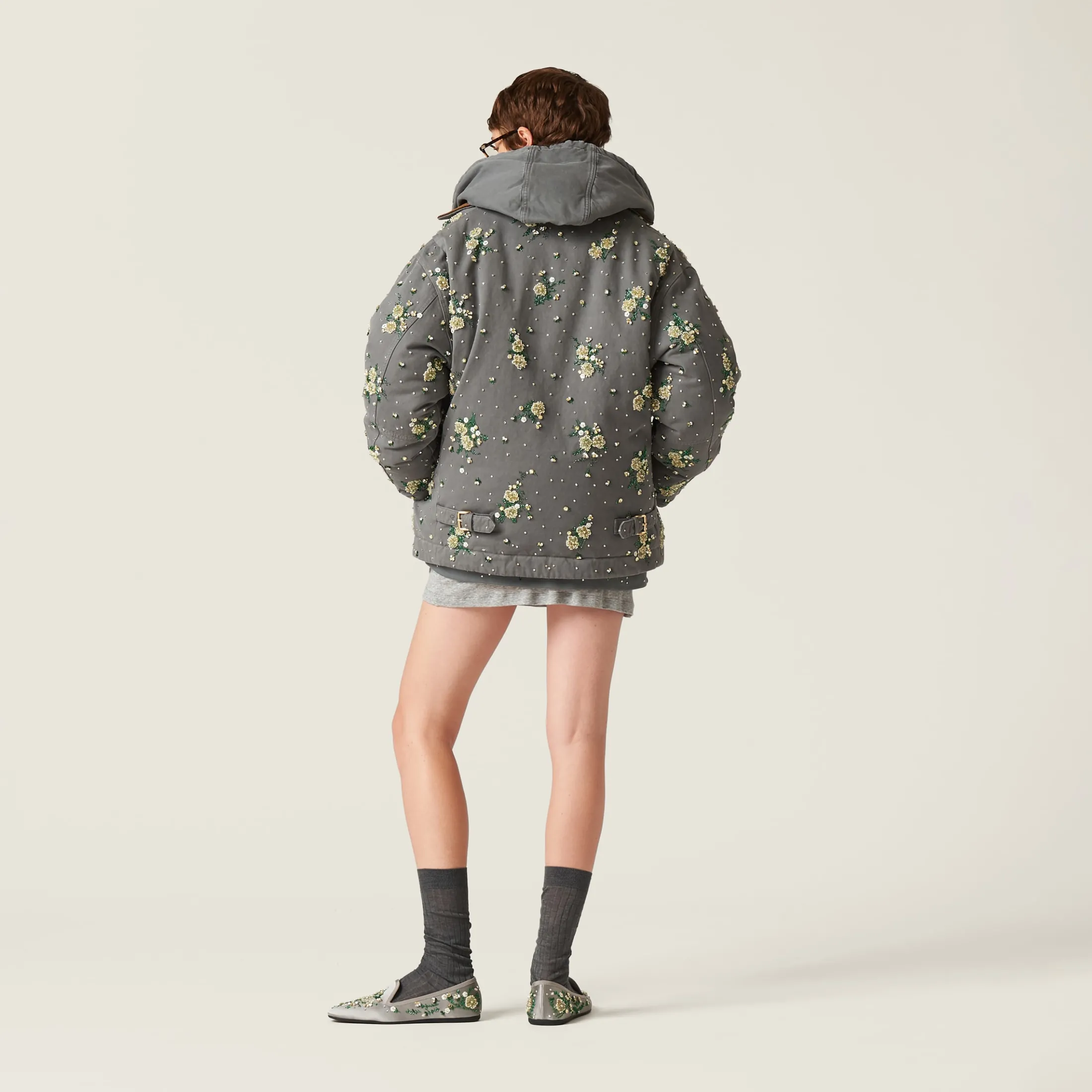 Iron Gray Embroidered Garment-dyed Gabardine Blouson Jacket | Miu Miu