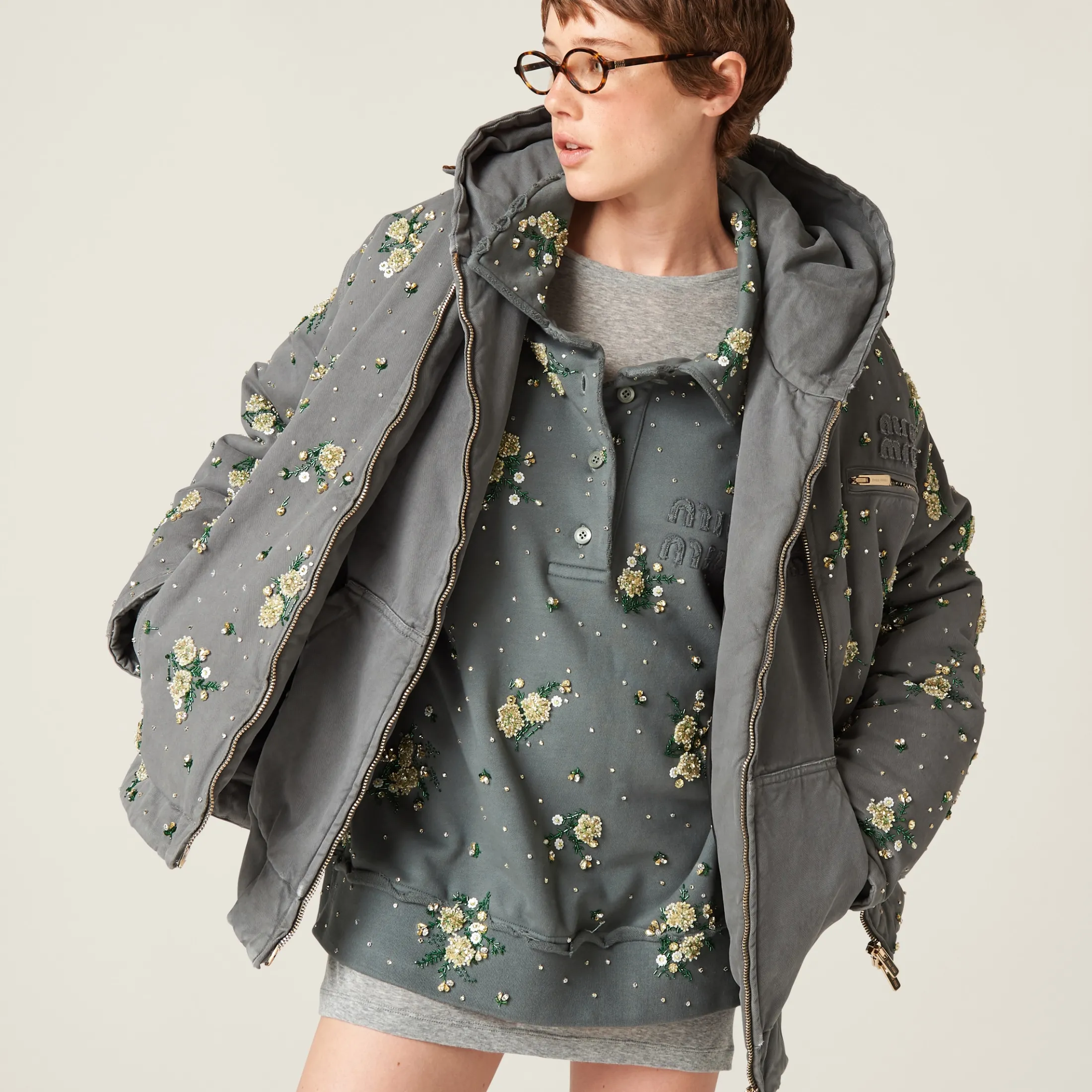 Iron Gray Embroidered Garment-dyed Gabardine Blouson Jacket | Miu Miu