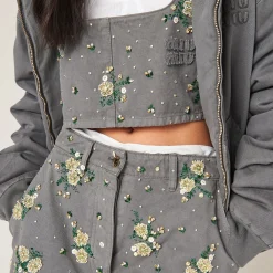 Iron Gray Embroidered Garment-dyed Gabardine Top | Miu Miu
