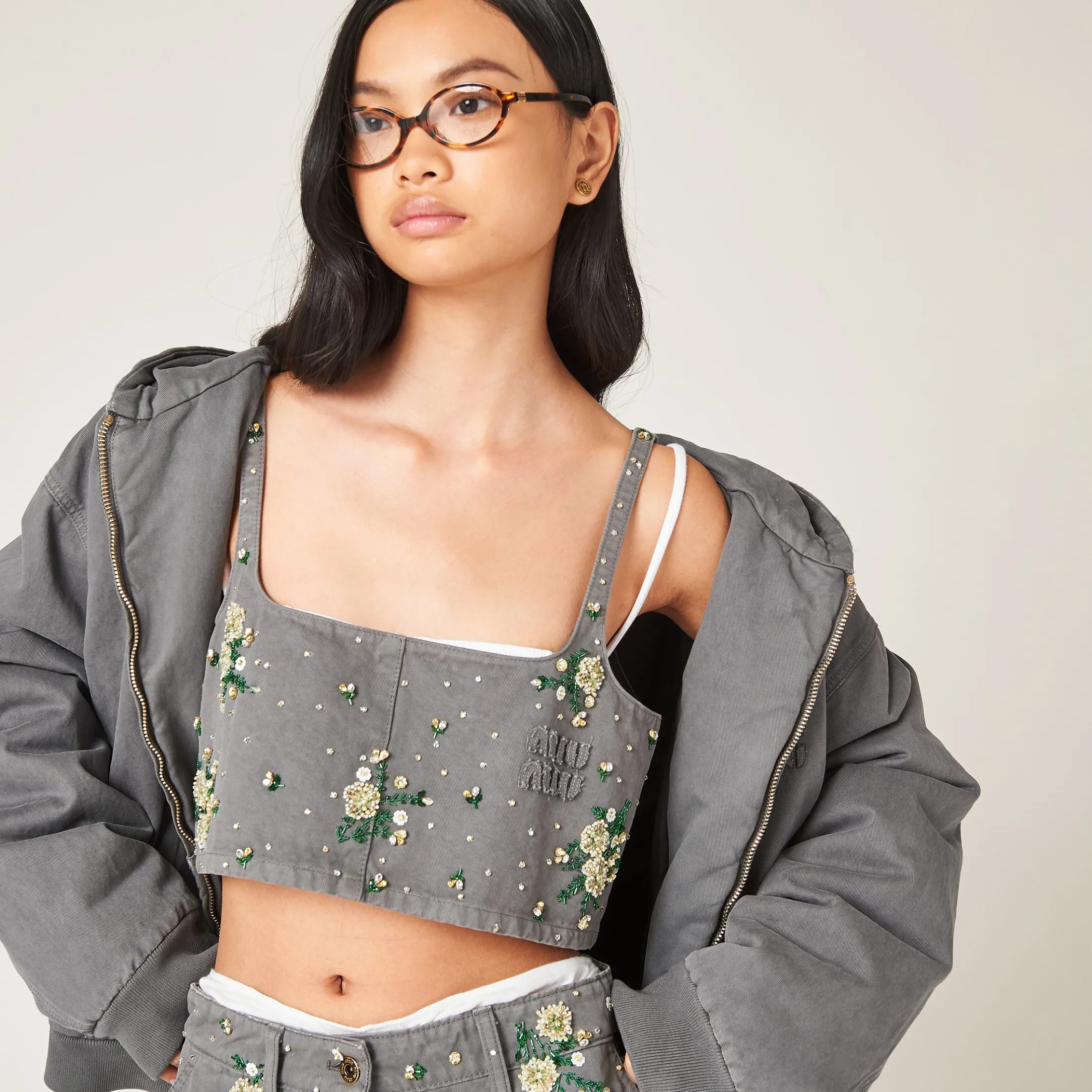 Iron Gray Embroidered Garment-dyed Gabardine Top | Miu Miu