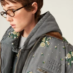 Iron Gray Embroidered Garment-dyed Gabardine Blouson Jacket | Miu Miu