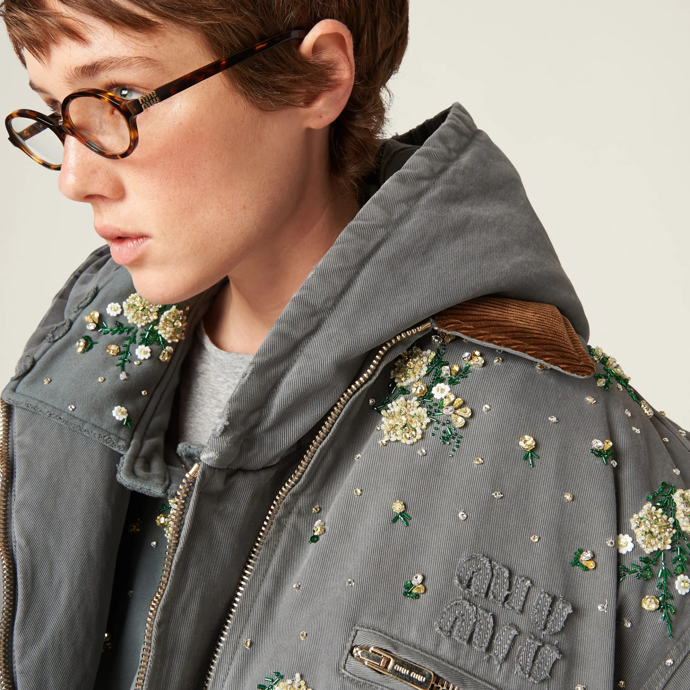 Iron Gray Embroidered Garment-dyed Gabardine Blouson Jacket | Miu Miu