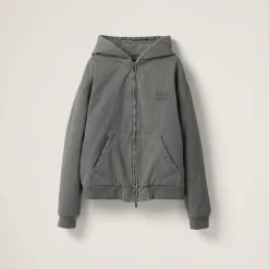 Iron Gray Garment-dyed Blouson Jacket With Embroidered Logo | Miu Miu
