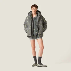 Iron Gray Garment-dyed Blouson Jacket With Embroidered Logo | Miu Miu