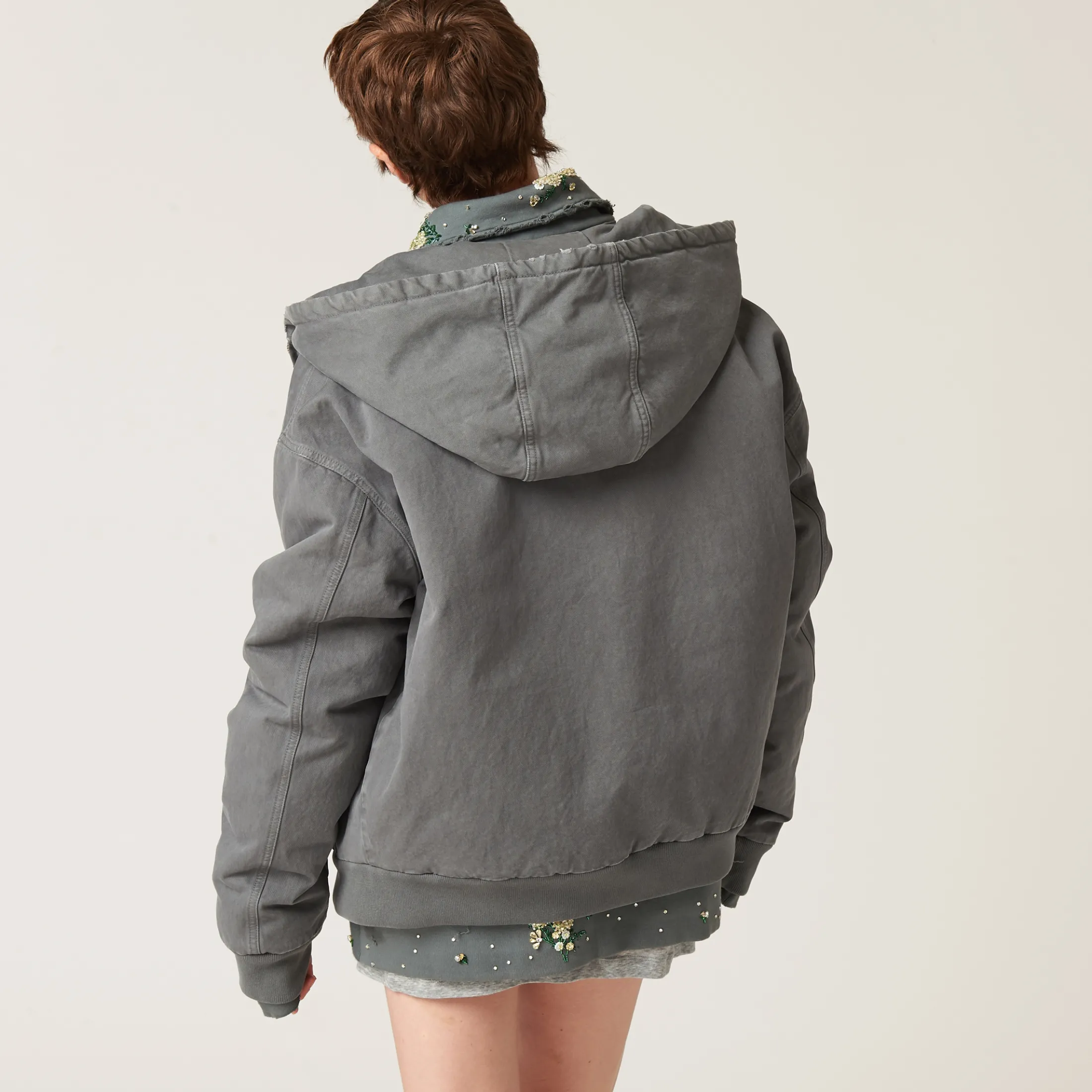 Iron Gray Garment-dyed Blouson Jacket With Embroidered Logo | Miu Miu
