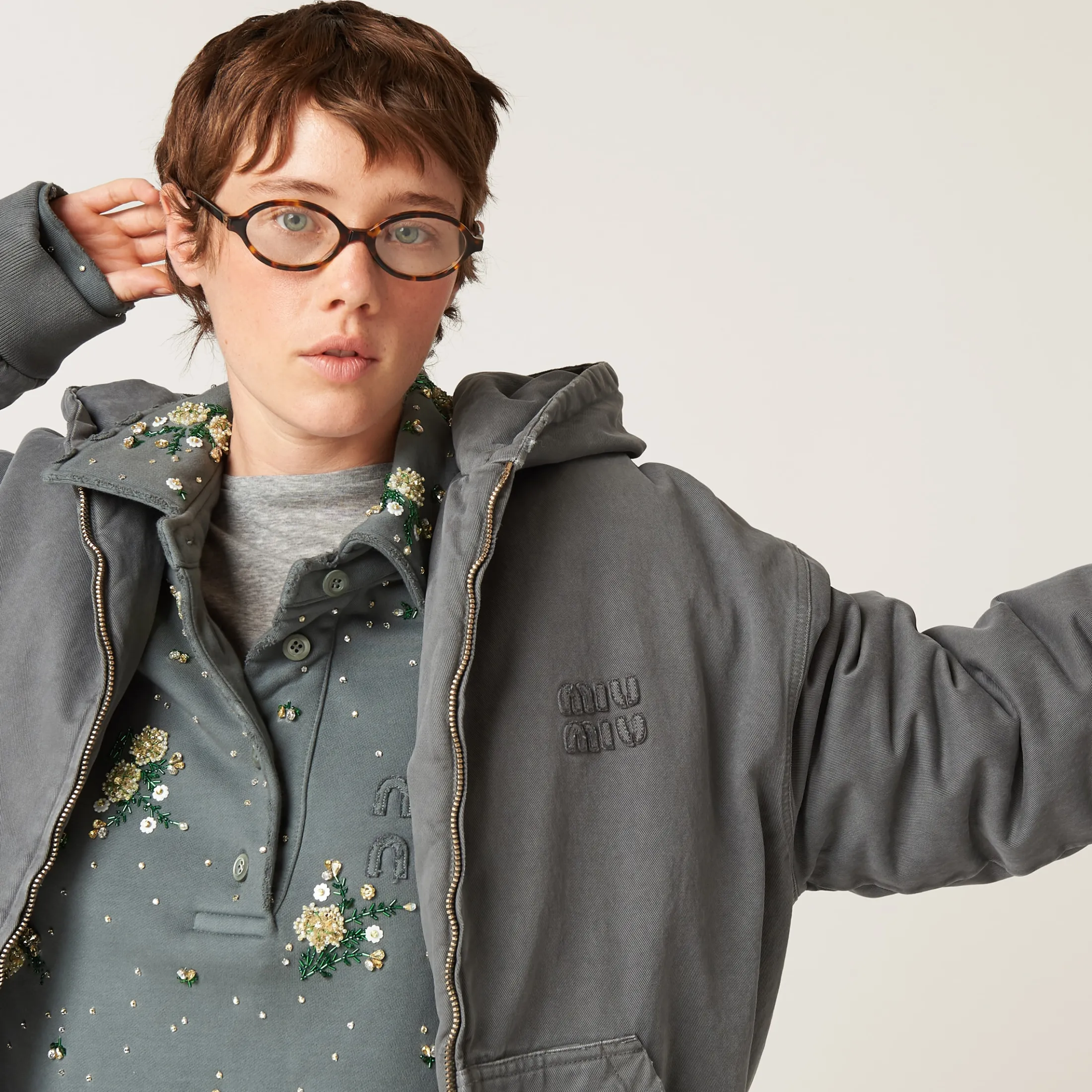 Iron Gray Garment-dyed Blouson Jacket With Embroidered Logo | Miu Miu