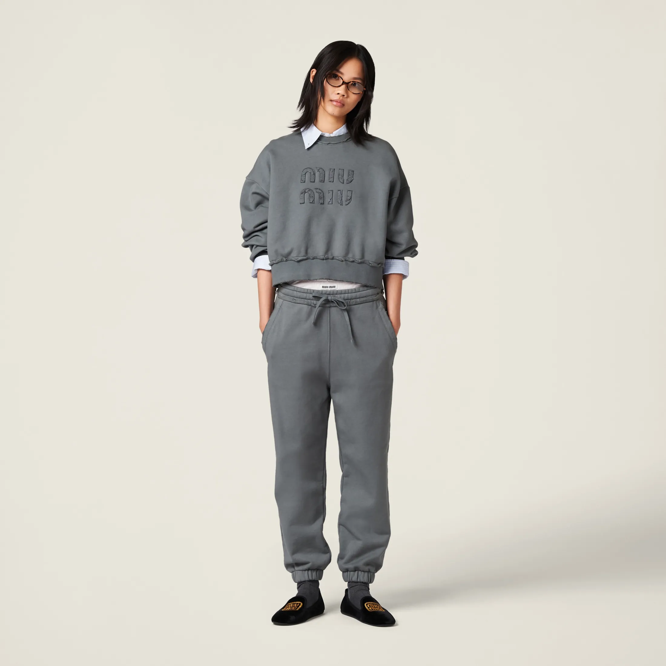 Iron Gray Garment-dyed Cotton Fleece Pants | Miu Miu