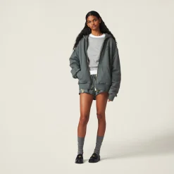Iron Gray Garment-dyed Cotton Fleece Shorts With Embroidered Logo | Miu Miu