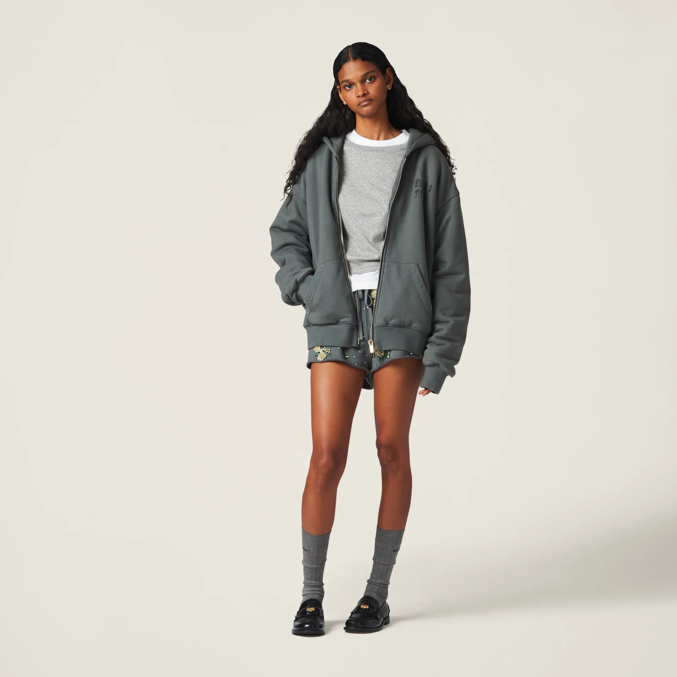 Iron Gray Garment-dyed Cotton Fleece Shorts With Embroidered Logo | Miu Miu