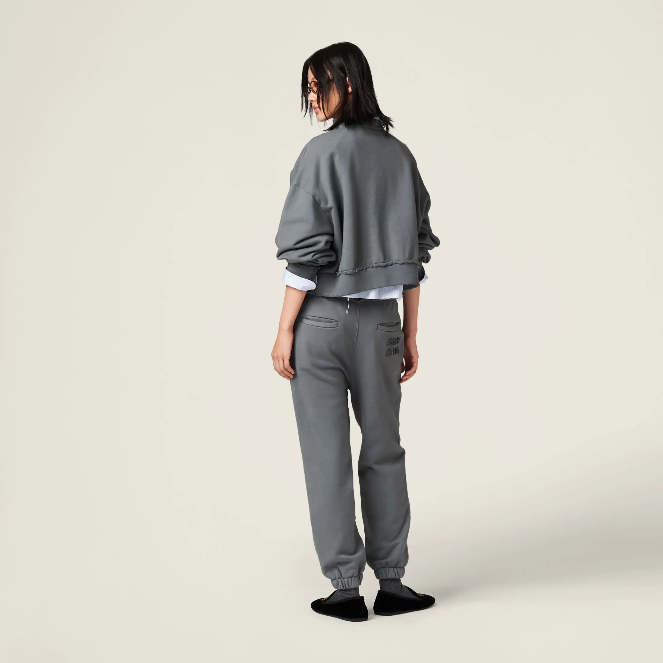 Iron Gray Garment-dyed Cotton Fleece Pants | Miu Miu