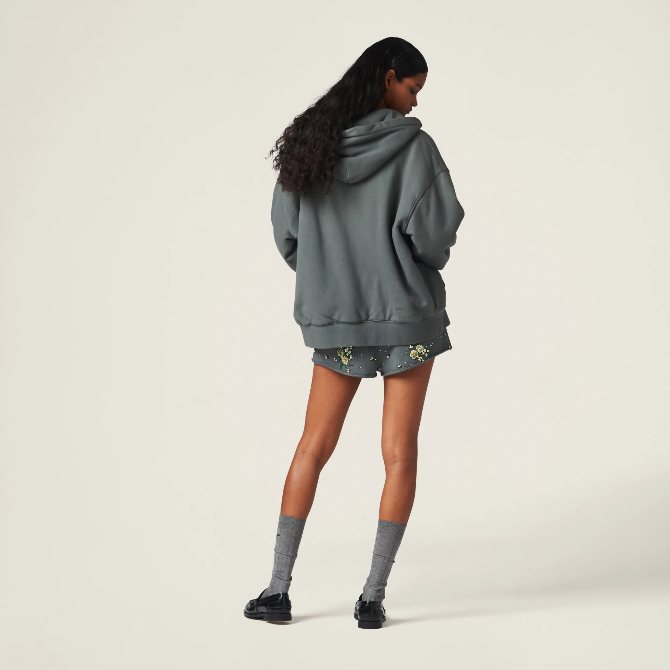 Iron Gray Garment-dyed Cotton Fleece Shorts With Embroidered Logo | Miu Miu