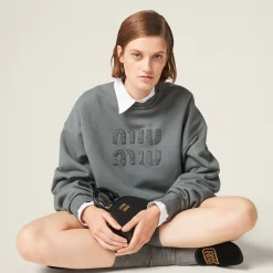Iron Gray Garment-dyed Cotton Fleece Sweatshirt | Miu Miu