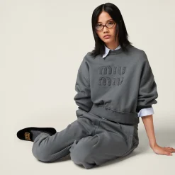 Iron Gray Garment-dyed Cotton Fleece Pants | Miu Miu