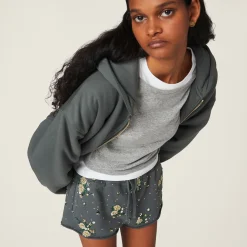 Iron Gray Garment-dyed Cotton Fleece Shorts With Embroidered Logo | Miu Miu