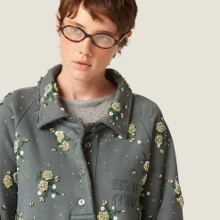 Iron Gray Garment-dyed Cotton Fleece Sweatshirt With Embroidered Logo | Miu Miu