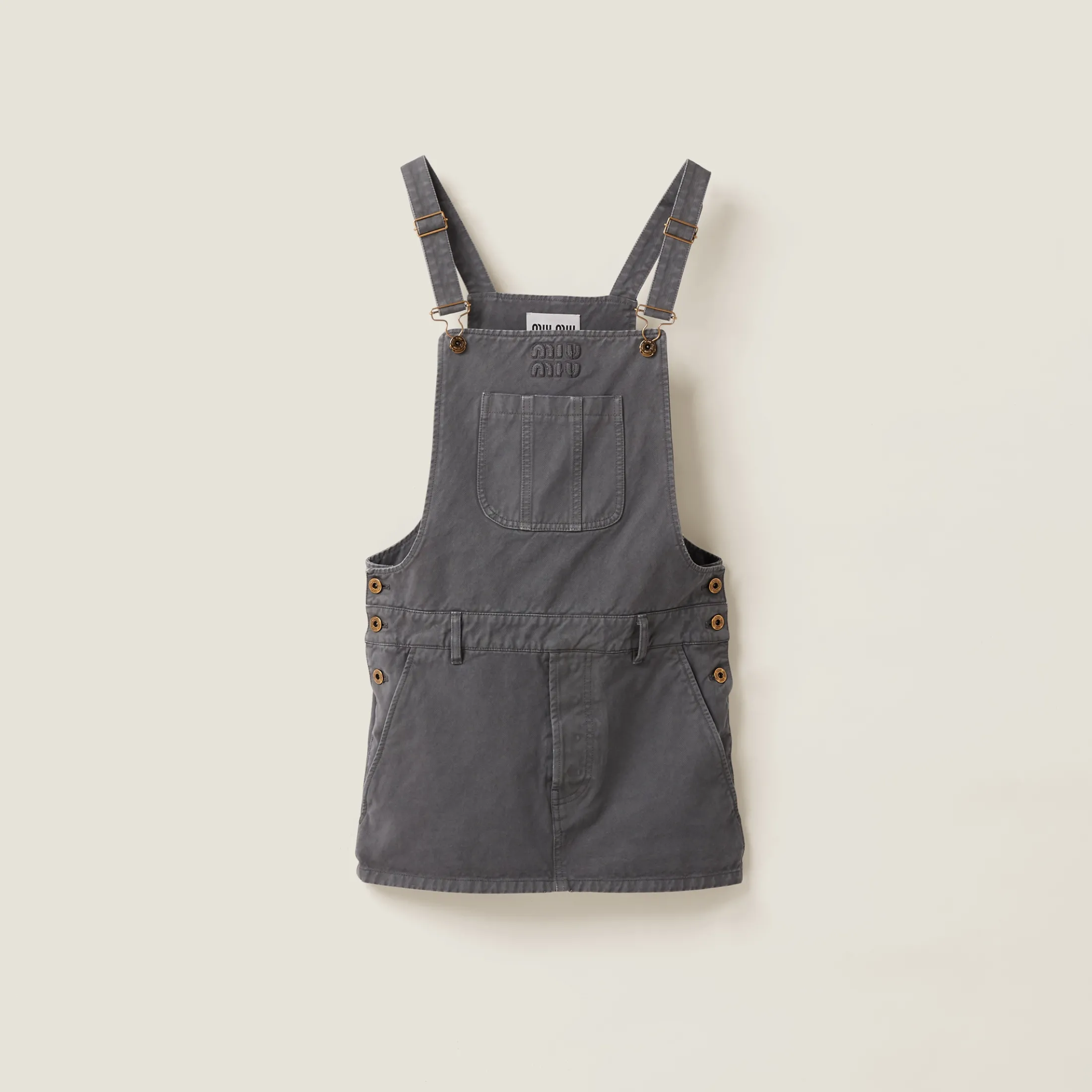 Iron Gray Garment-dyed Gabardine Overall Mini-dress | Miu Miu